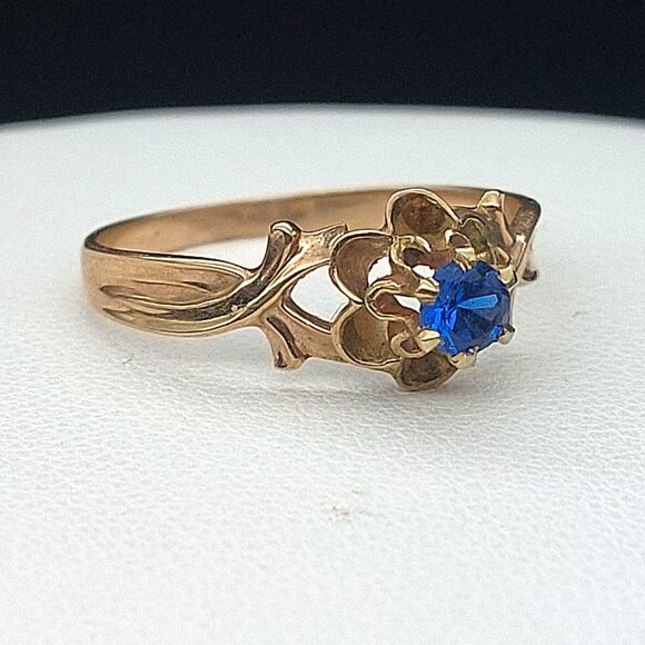 Antique 10K Gold Victorian Blue Spinel Ring Art Nouveau Floral 6-Prong Solitaire - Picture 3 of 12